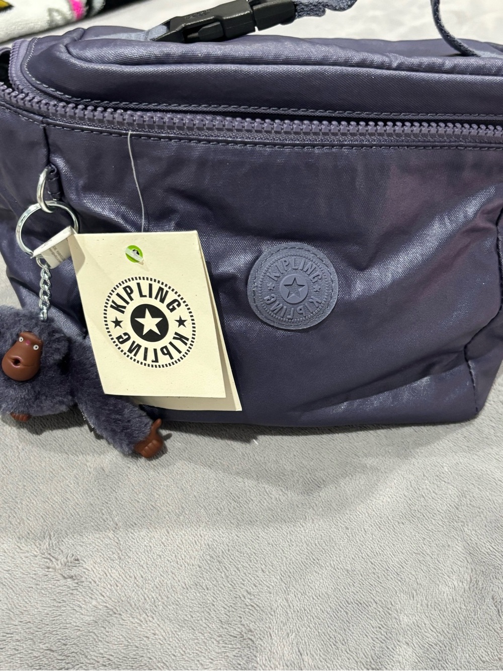 Kipling Metallic Purple lunch bag with Monkey Charm